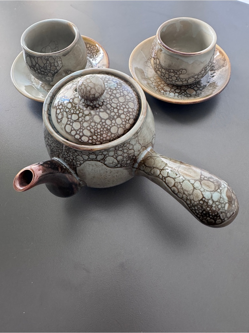 Vintage Tenmoku Ceramic Teapot and Cup Set
